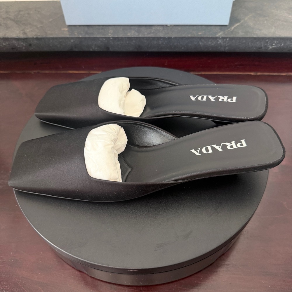 Prada 1I479N Black Satin Square Toe Kitten Heel Mules Sandals Shoes IT 40 - Picture 5 of 13